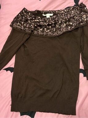 Boston Proper Brown Off-Shoulder Sweater with Sequin Trim